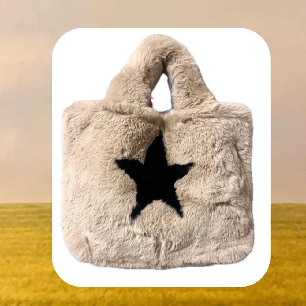 🎉Jayley Super Soft Beige Teddy Tote Handbag with Black Star Design